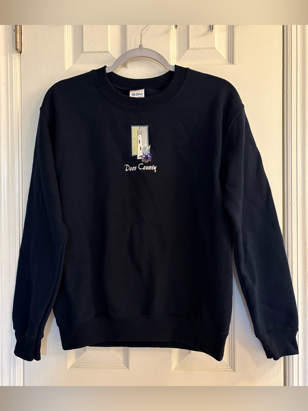 Vintage Door County Lighthouse Embroidered Sweatshirt Navy Blue Gildan Size S